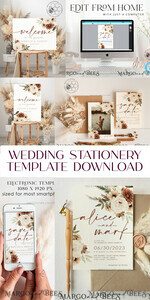 TEMPLETT wedding invitation download Boho Ivory wedding Invitations Set Template, Instant Download Printable Invites Home Printing, Simple Boho Wedding Invitation Card Set25