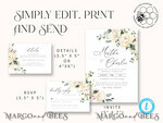TEMPLETT wedding invitation download Floral wedding Invitations Set Template, Instant Download Printable Invites Home Printing, Simple Boho Wedding Invitation Card Set WRoses559