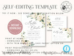 TEMPLETT wedding invitation download Floral wedding Invitations Set Template, Instant Download Printable Invites Home Printing, Simple Boho Wedding Invitation Card Set WRoses559