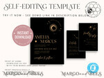 TEMPLETT wedding invitation download Moon wedding invitation template, Instant download Black and Gold Invites, Moon Phases Black Invitation Printable Templates, Self Editabe Wedding Invitation8