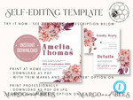 TEMPLETT wedding invitation download Mauve fall boho wedding Invitations Set and Electronic Wedding Invitation Template, Instant Download Printable Invites Home Printing, Simple Boho Wedding Invitation Card Set10