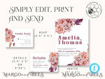 TEMPLETT wedding invitation download Mauve fall boho wedding Invitations Set and Electronic Wedding Invitation Template, Instant Download Printable Invites Home Printing, Simple Boho Wedding Invitation Card Set10