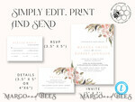 TEMPLETT wedding invitation download Rustic Pampass wedding Invitations Set Template, Instant Download Printable Invites Home Printing, Simple Boho Wedding Invitation Card Set7