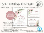 TEMPLETT wedding invitation download Elegant Blush wedding Invitation Template, Instant Download Printable Invites Home Printing, Pink Roses Wedding Invitation Card Set Template8