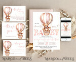 TEMPLETT baby shower Teddy Bear Baby Girl Shower Invitation Template Set We Can Bearly Wait Diaper Raffle Books, Instant Download pink hot air balloon basket10