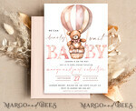 TEMPLETT baby shower Teddy Bear Baby Girl Shower Invitation Template Set We Can Bearly Wait Diaper Raffle Books, Instant Download pink hot air balloon basket10