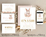 TEMPLETT baby shower Girl Rabbit Baby Shower Invitation Template Bunny is on the way Diapper Raffle Books balloon Instant Download Gold Blush editable Easter invite10