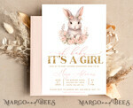 TEMPLETT baby shower Girl Rabbit Baby Shower Invitation Template Bunny is on the way Diapper Raffle Books balloon Instant Download Gold Blush editable Easter invite10