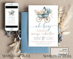 TEMPLETT baby shower Stroller Baby Boy Shower Invitation Template Set Oh boy is on the way Diapper Raffle Books Arch Instant Download Dusty Blue editable invite10