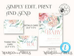 TEMPLETT baby shower Floral Baby Girl Shower Invitation Template, Instant Download Printable Invites Home Printing, Simple modern baby shower  Card Set9