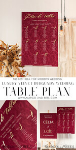 TABLE PLANS AND WEDDING WELCOME SIGNS plexi gold / velvet Burgundy Wedding Table Plan, Maroon velvet and Gold Modern Seating Chart, 3d Elegant Find Your Seat Seating Plan , Luxury Wedding Table Plan, Wedding Decoration with golden letters Marsala Golden Reception Signage Red Custom Ceremony Sign24