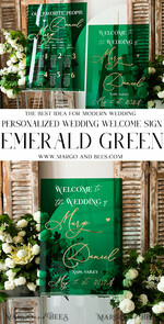 TABLE PLANS AND WEDDING WELCOME SIGNS plexi gold / velvet Luxury Green and Gold Wedding Welcome Sign, Emerald Green Acryl Wedding Decor, Personalised Wedding Sign, Wedding Board, Welcome Wedding Board 18