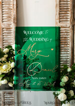 TABLE PLANS AND WEDDING WELCOME SIGNS plexi gold / velvet Luxury Green and Gold Wedding Welcome Sign, Emerald Green Acryl Wedding Decor, Personalised Wedding Sign, Wedding Board, Welcome Wedding Board 18