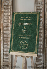 TISCHPLÄNE UND WILLKOMMENSCHILDER FÜR HOCHZEITEN Plexi Gold / Samt Art Nouveau luxuriöses samtenes grünes Hochzeits-Willkommensschild, goldene Great Gatsby Hochzeitsdekoration, personalisiertes Hochzeits-Schild, Willkommenshochzeits-Tafel7