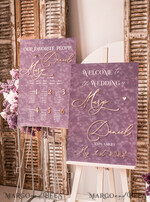 TISCHPLÄNE UND WILLKOMMENSCHILDER FÜR HOCHZEITEN Plexi Gold / Samt Samt-Mauve Hochzeits-Willkommensschild, Staubige Rose Goldene Hochzeitsdekoration, Personalisierter Hochzeitsbeschilderung, Lila Willkommenshochzeitsboard MvS18