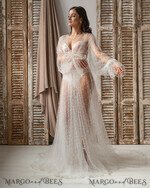 BRAUT Bolero, Kleider, Strumpfband Brautmäntel Weißer Tüll mit Perlen Lange Brautrobe für die Hochzeit, Tüll Perlenrobe mit weiten Ärmeln, Netzperlen Brautrobe lange weiße Robe, Boudoir-Robe Morgenmantel Geschenk für die Brautjungfer16