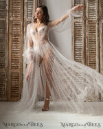 BRAUT Bolero, Kleider, Strumpfband Brautmäntel Weißer Tüll mit Perlen Lange Brautrobe für die Hochzeit, Tüll Perlenrobe mit weiten Ärmeln, Netzperlen Brautrobe lange weiße Robe, Boudoir-Robe Morgenmantel Geschenk für die Brautjungfer16
