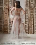 BRAUT Bolero, Kleider, Strumpfband Brautmäntel Weißer Tüll mit Perlen Lange Brautrobe für die Hochzeit, Tüll Perlenrobe mit weiten Ärmeln, Netzperlen Brautrobe lange weiße Robe, Boudoir-Robe Morgenmantel Geschenk für die Brautjungfer16