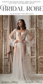 BRAUT Bolero, Kleider, Strumpfband Brautmäntel Weißer Tüll mit Perlen Lange Brautrobe für die Hochzeit, Tüll Perlenrobe mit weiten Ärmeln, Netzperlen Brautrobe lange weiße Robe, Boudoir-Robe Morgenmantel Geschenk für die Brautjungfer16