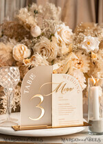 TISCHDEKORATIONSCHILDER   Samt Tischnummern und Dekoration Acrylbogen Tischnummer & Dinner-Menü-Kombination, gefrorenes Elfenbein-Acryl-Gold-Schild, goldene gefrostete Plexi-Velours-Tischnummern & Menü-Kombination, luxuriöse Hochzeits-Tischdekoration, Hochzeitsbeschilderung goldene Spiegeltischnummern & Menü24