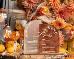 TABLE DECOR SIGNS Velvet table Numbers and Decor Acrylic Arch Bar Menu Combo, Clear Plexi Glass gold  Rust Velvet Drink Bar Menu Sign with Stand, Terracotta Plexi Table Bar Menu Combo Luxury Wedding Table Decor, Wedding Signage Burnt Orange drink Bar Menu 26