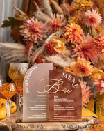 TABLE DECOR SIGNS Velvet table Numbers and Decor Acrylic Arch Bar Menu Combo, Clear Plexi Glass gold  Rust Velvet Drink Bar Menu Sign with Stand, Terracotta Plexi Table Bar Menu Combo Luxury Wedding Table Decor, Wedding Signage Burnt Orange drink Bar Menu 26
