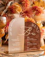 TABLE DECOR SIGNS Velvet table Numbers and Decor Acrylic Arch Bar Menu Combo, Clear Plexi Glass gold  Rust Velvet Drink Bar Menu Sign with Stand, Terracotta Plexi Table Bar Menu Combo Luxury Wedding Table Decor, Wedding Signage Burnt Orange drink Bar Menu 26