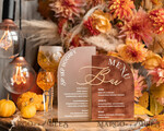 TABLE DECOR SIGNS Velvet table Numbers and Decor Acrylic Arch Bar Menu Combo, Clear Plexi Glass gold  Rust Velvet Drink Bar Menu Sign with Stand, Terracotta Plexi Table Bar Menu Combo Luxury Wedding Table Decor, Wedding Signage Burnt Orange drink Bar Menu 26