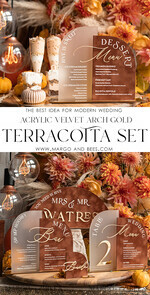 TABLE DECOR SIGNS Velvet table Numbers and Decor Acrylic Arch Bar Menu Combo, Clear Plexi Glass gold  Rust Velvet Drink Bar Menu Sign with Stand, Terracotta Plexi Table Bar Menu Combo Luxury Wedding Table Decor, Wedding Signage Burnt Orange drink Bar Menu 26