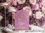 TISCHDEKORATIONSCHILDER   Samt Tischnummern und Dekoration Acryl- und Samt-Arch-Dinner-Menü, gold Plexi Mauve-Hochzeitsmenü-Schild mit Ständer, staubige Rose Plexi Tisch-Dinner-Menü luxuriöse lila Hochzeits-Tischdekoration10