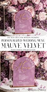 TISCHDEKORATIONSCHILDER   Samt Tischnummern und Dekoration Acryl- und Samt-Arch-Dinner-Menü, gold Plexi Mauve-Hochzeitsmenü-Schild mit Ständer, staubige Rose Plexi Tisch-Dinner-Menü luxuriöse lila Hochzeits-Tischdekoration10
