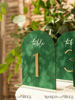 TABLE DECOR SIGNS Velvet table Numbers and Decor Arch Table Number, Luxury Green Velvet Arched Table numbers with acrylic stand, green and Gold Wedding Table Decor, 3D Golden Letters, Wedding signage9