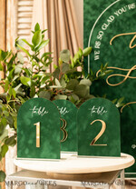 TABLE DECOR SIGNS Velvet table Numbers and Decor Arch Table Number, Luxury Green Velvet Arched Table numbers with acrylic stand, green and Gold Wedding Table Decor, 3D Golden Letters, Wedding signage9