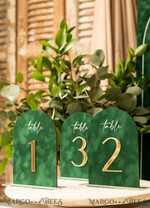 TABLE DECOR SIGNS Velvet table Numbers and Decor Arch Table Number, Luxury Green Velvet Arched Table numbers with acrylic stand, green and Gold Wedding Table Decor, 3D Golden Letters, Wedding signage9