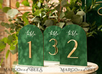 TABLE DECOR SIGNS Velvet table Numbers and Decor Arch Table Number, Luxury Green Velvet Arched Table numbers with acrylic stand, green and Gold Wedding Table Decor, 3D Golden Letters, Wedding signage9
