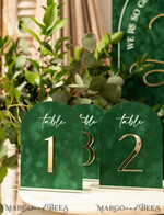 TABLE DECOR SIGNS Velvet table Numbers and Decor Arch Table Number, Luxury Green Velvet Arched Table numbers with acrylic stand, green and Gold Wedding Table Decor, 3D Golden Letters, Wedding signage9