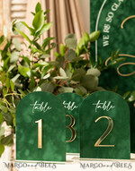 TABLE DECOR SIGNS Velvet table Numbers and Decor Arch Table Number, Luxury Green Velvet Arched Table numbers with acrylic stand, green and Gold Wedding Table Decor, 3D Golden Letters, Wedding signage9