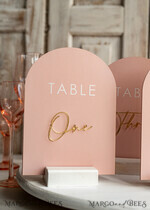 TABLE DECOR SIGNS Velvet table Numbers and Decor Pink Acrylic Table Numbers, Arched Table Numbers With Stand, Blush Pink And Gold Wedding Table Decor, 3D Golden Lettering Table Numbers,  Blush Wedding Signage,10