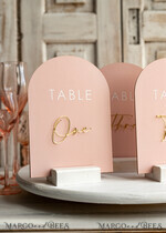 TABLE DECOR SIGNS Velvet table Numbers and Decor Pink Acrylic Table Numbers, Arched Table Numbers With Stand, Blush Pink And Gold Wedding Table Decor, 3D Golden Lettering Table Numbers,  Blush Wedding Signage,10