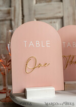 TABLE DECOR SIGNS Velvet table Numbers and Decor Pink Acrylic Table Numbers, Arched Table Numbers With Stand, Blush Pink And Gold Wedding Table Decor, 3D Golden Lettering Table Numbers,  Blush Wedding Signage,10