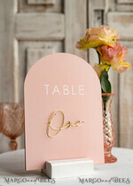 TABLE DECOR SIGNS Velvet table Numbers and Decor Pink Acrylic Table Numbers, Arched Table Numbers With Stand, Blush Pink And Gold Wedding Table Decor, 3D Golden Lettering Table Numbers,  Blush Wedding Signage,10