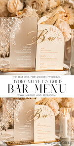 TISCHDEKORATIONSCHILDER   Samt Tischnummern und Dekoration Acrylbogen-Bar-Menü-Kombination, Frosted Plexiglas Gold-Ivory-Velours-Getränke-Bar-Menü-Schild mit Ständer, Beige Plexi-Tisch-Bar-Menü-Kombination Luxus-Hochzeits-Tischdeko, Hochzeitsschild Ecru Getränke-Bar-Menü11