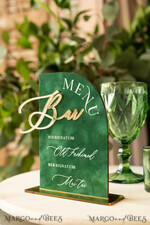 TABLE DECOR SIGNS Velvet table Numbers and Decor Green Velvet Arch Bar Menu , green Velvet and gold Sign, Gold Plexi card box sign, Luxury Wedding Table Decor, Wedding Signage Golden mirror cards sign4