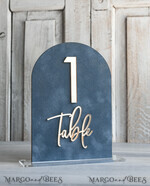TABLE DECOR SIGNS Velvet table Numbers and Decor dusty Blue Wedding Top Table Signs SET, Acrylic Arch Velvet Bar Menu sign, Drink Bar menu Top Table sign,  Gold Plexi Glass Top Table sign, Elegant Luxury Wedding Table Decor, Boho Glam Wedding Signage Silver mirror Top Table sign14