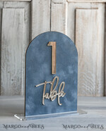 TABLE DECOR SIGNS Velvet table Numbers and Decor dusty Blue Wedding Top Table Signs SET, Acrylic Arch Velvet Bar Menu sign, Drink Bar menu Top Table sign,  Gold Plexi Glass Top Table sign, Elegant Luxury Wedding Table Decor, Boho Glam Wedding Signage Silver mirror Top Table sign14