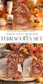 TABLE DECOR SIGNS Velvet table Numbers and Decor Velvet Arch Wedding Menu with Stand, Terracotta Half Arch gold Sign, Gold Mirror Dinner Menu, Luxury Burnt Orange Wedding Table Decor, Wedding Table Signage  Golden mirror table numbers 23