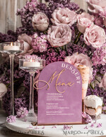 TISCHDEKORATIONSCHILDER   Samt Tischnummern und Dekoration Mauve Samt Bogen Dessertmenü, Staubige Rosé Bonbonschild, Gold Plexi Tischbogen Hochzeits-Dessertmenü, Luxuriöse Hochzeits Tischdekoration, MvS11