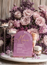 TISCHDEKORATIONSCHILDER   Samt Tischnummern und Dekoration Mauve Samt Bogen Dessertmenü, Staubige Rosé Bonbonschild, Gold Plexi Tischbogen Hochzeits-Dessertmenü, Luxuriöse Hochzeits Tischdekoration, MvS11