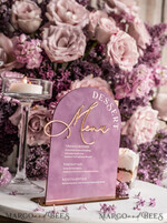 TISCHDEKORATIONSCHILDER   Samt Tischnummern und Dekoration Mauve Samt Bogen Dessertmenü, Staubige Rosé Bonbonschild, Gold Plexi Tischbogen Hochzeits-Dessertmenü, Luxuriöse Hochzeits Tischdekoration, MvS11