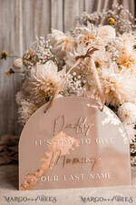 FLOWER GIRL / Page Boy SIGNS acrylic flower girl / page boy signs Personalised Arch acrylic wedding Page Boy sign, Beige Gold acrylic Page boy sign, painted plexi glass acrylic flower girl sign, flower girl wedding day sign, boho glam arch gold acrylic wedding decor for flower girl, daddy its time to give mummy our last name, arch acrylic here comes the bride12
